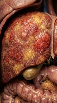 Human organ pathology: hepatitis infection, liver disease, cirrhosis progression, hepatic inflammation, jaundice symptom, hepatocyte damage, fibrosis develop, steatosis change, viral condition.