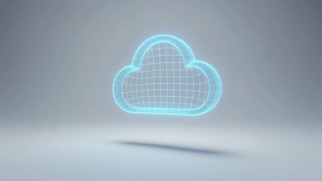 Glowing blue wireframe cloud icon, 3D background video for data storage and cloud computing