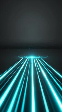 Abstract Glowing Cyan Light Trails Moving Forward on Dark Background