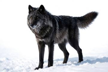 Naklejka premium Black wolf stands in snow. Wild animal with thick fur looks alert. Creature waits in winter landscape. Predator is focused on its surroundings.