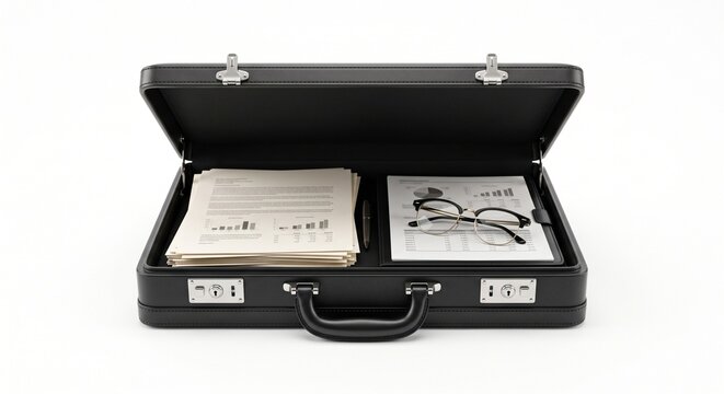 Open Business Briefcase with Documents Glasses and Pen