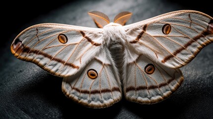 Naklejka premium Macro view of a white moth with intricate brown patterns on its wings. The fuzzy insect shows detailed texture and eye spots resting on a dark surface.
