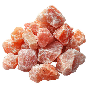 Pile of coarse pink Himalayan salt crystals and mineral-rich rock salt chunks with natural orange-pink hues and white salt residue, raw culinary and spa-grade mineral crystals