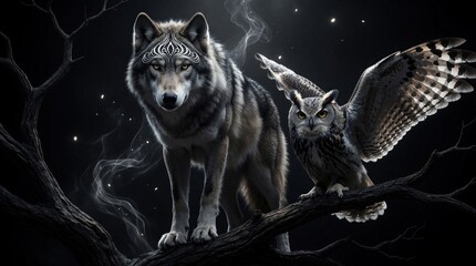 Naklejka premium Wolf and owl rest on tree branch at night. Mystical smoke wisps around wild animals. Dark forest background with subtle light sparks during dark moonlit hours.