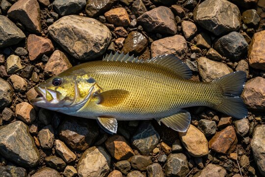 Freshly caught Smallmouth bass lies on wet river rocks. Its scales shimmer gold and green. The fish is a recent trophy from fishing, ready for preparation.