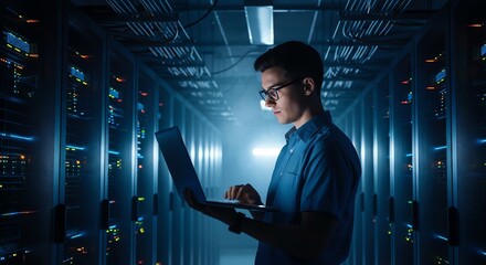 Fototapeta premium Young IT engineer working on a laptop inside a dark server room, side view, dramatic cinematic blue lighting, professional technical corporate style