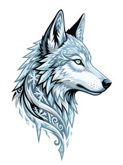 Fototapeta premium Frostbitten Silver Wolf Profile Embellished With Carved Snowflake Filigree Jagged Icicles Spectral Winter Totem Tattoo Vinyl Sticker 