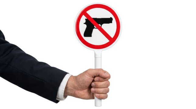 Hand in suit holding a no guns prohibition sign isolated on white