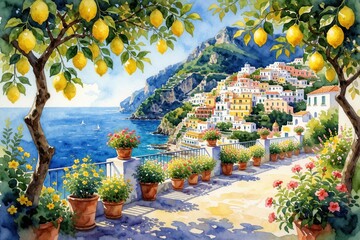 Naklejka premium Watercolor art depicts sunny Italy coast with lemon trees and colorful houses. Floral pots line balcony with sea view. Summer vacation idyll.