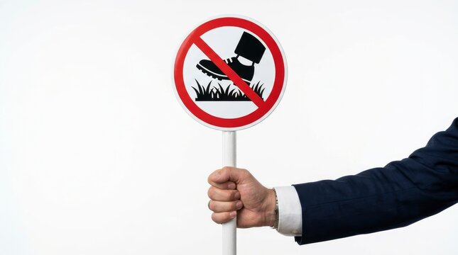 Business person holding a no walking on grass prohibition sign