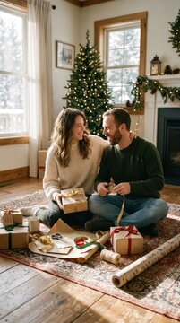 Holiday season transition: prepare gift, look forward, happy anticipation, New Year, future 2027, couple smile, cozy room, love bond, wrap ribbon, festive tree, indoor pine, warm sweater.
