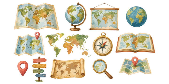 Watercolor vintage world map set with globes compass magnifying glass and map pins isolated on white background