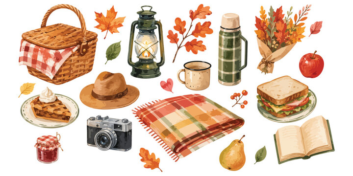 Watercolor autumn picnic set with hamper blanket camera thermos pie sandwich jam isolated on white background