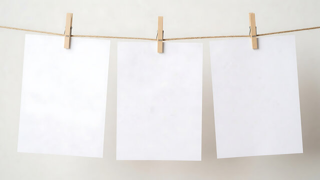 Three blank white papers hanging on wooden clothespins against a light background