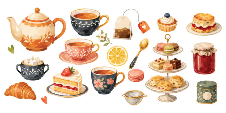 Watercolor cozy afternoon tea set with teapot teacups pastries cakes and jam isolated on white background