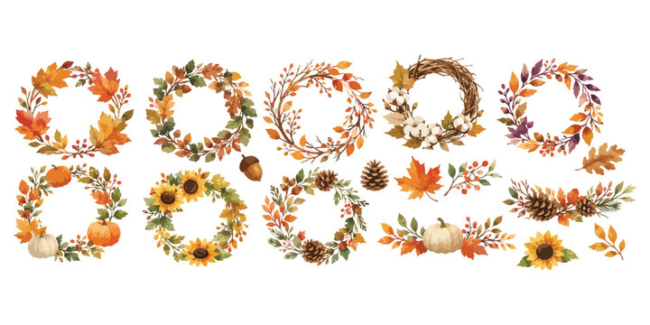 Watercolor autumn floral wreaths pumpkin acorn and pinecone set isolated on white background