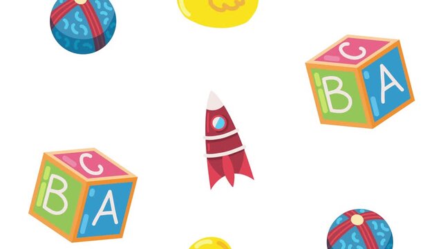 Nursery toys animation featuring colorful rubber ducks alphabet blocks space rockets and bouncy balls falling.