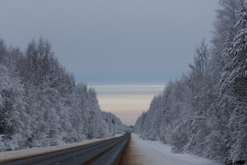 Scenic winter highway with frozen trees at twilight. Empty nordic driveway, arctic travel trip and seasonal transportation concept. © Konstantin