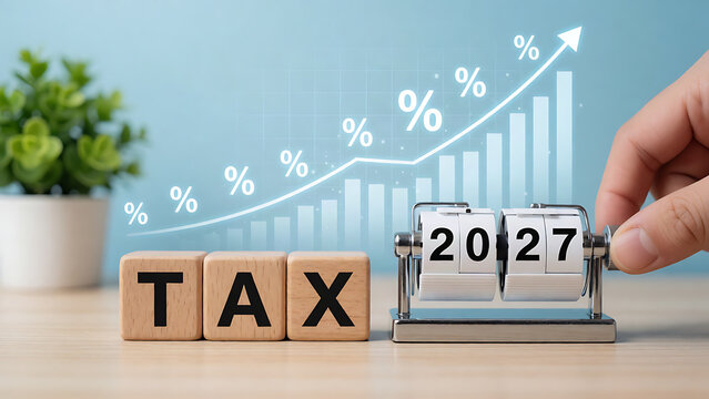 Hand placing wooden tax block on upward trend graph for 2027 financial planning