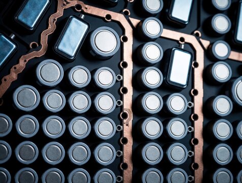Macro view of lithium ion battery cells inside electric vehicle pack. Cylindrical energy storage modules connected with copper busbars on circuit board. High tech battery technology components for ev