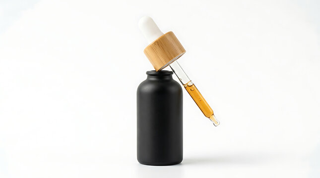 Minimalist black bottle with wooden dropper mockup for product packaging design