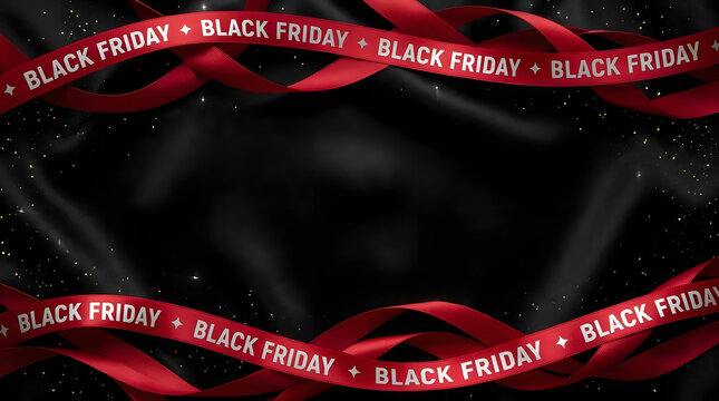 Elegant black friday sale banner featuring red ribbons for luxury shopping promotion and e commerce discount sale special offer shopping event background
