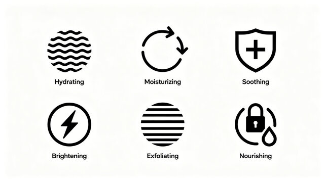 Skincare selling point vector icon, representing moisturizing, soothing, brightening, exfoliating and nourishing, suitable for beauty posters and product function introduction pages.
