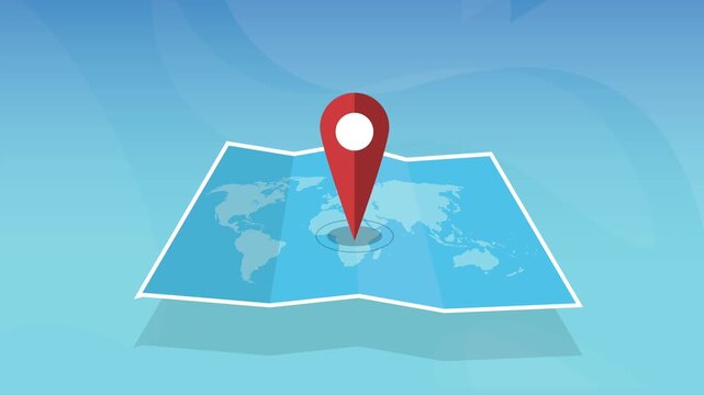 Animated world map with a pulsing red location pin, dynamically indicating a central global position or specific destination.