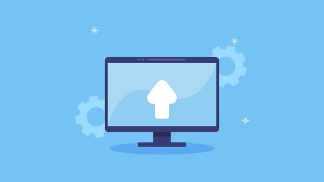 Flat design animation of computer monitor with upload arrow and rotating gears representing system updates.