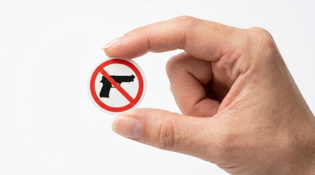 Hand holding a circular sticker with a no guns symbol