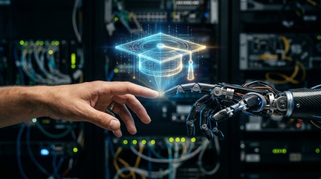 A robotic hand and a human hand touch a glowing digital graduation cap icon in a server room environment with network cables
