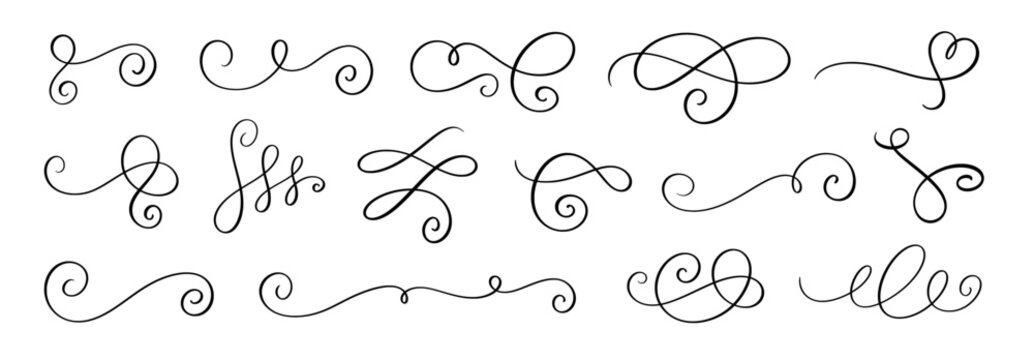 Hand drawn calligraphic text divider set with vintage flourish swirls.