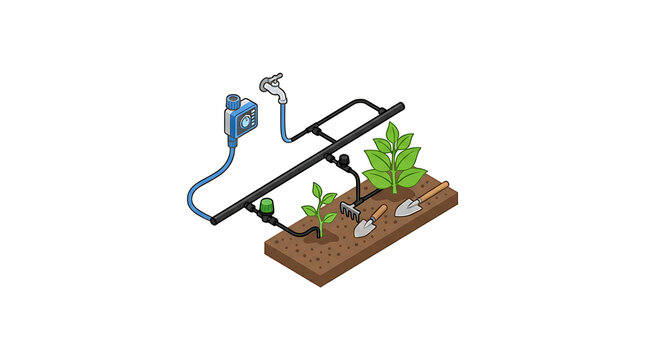 Isometric illustration of a drip irrigation system with gardening tools for small plant watering with bed alongside gardening