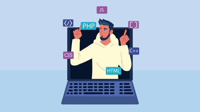 Male programmer animation, emerging from laptop screen, surrounded by programming language icons, dynamic coding concept footage.