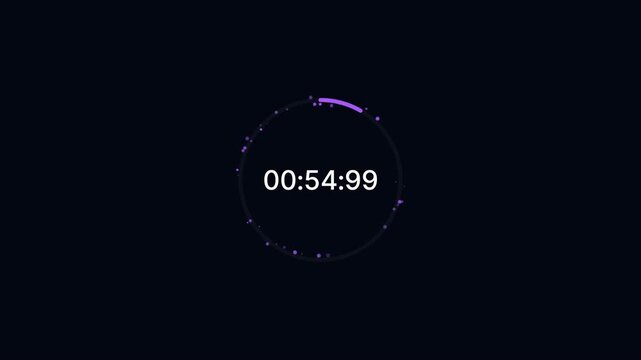 Abstract purple vortex particle countdown timer on a dark background featuring glowing circular motion and a futuristic digital time display.