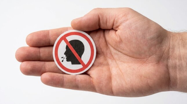 Hand holding a circular no coughing or spitting prohibition sign