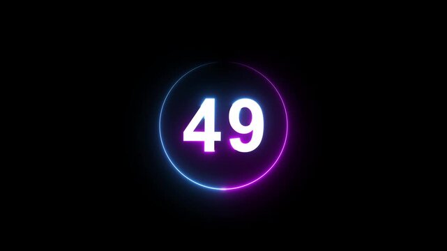 A dynamic circular animation, and glowing count neon number 49 animation . on a black background. and creating a stunning 4k video.