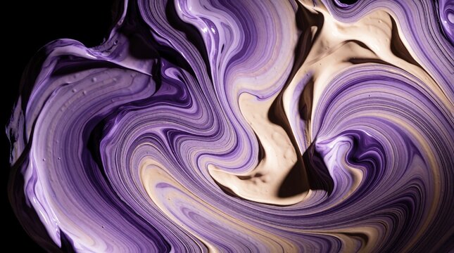 Purple and cream thick paint swirls with fluid movement. Abstract texture forms elegant, luxurious liquid patterns, ideal for cosmetic or design backgrounds.