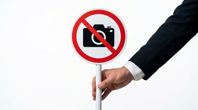 Hand in suit sleeve holding a no photography prohibition sign