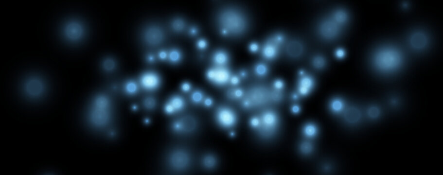 Blue winter snow bokeh cloud with glowing magic particles on black background