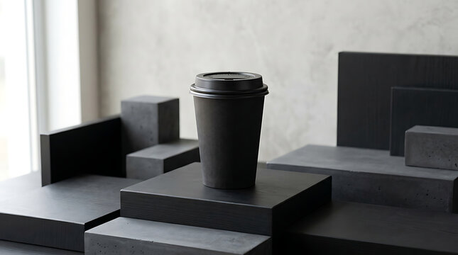 Minimalist black coffee cup mockup on modern geometric platform display
