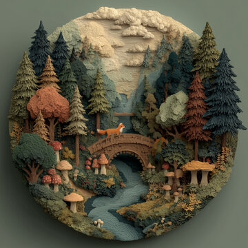 Fox on bridge in pine forest 3d paper sculpture diorama, 침엽수림 다리와 여우 3D 종이 조각 다이오라마