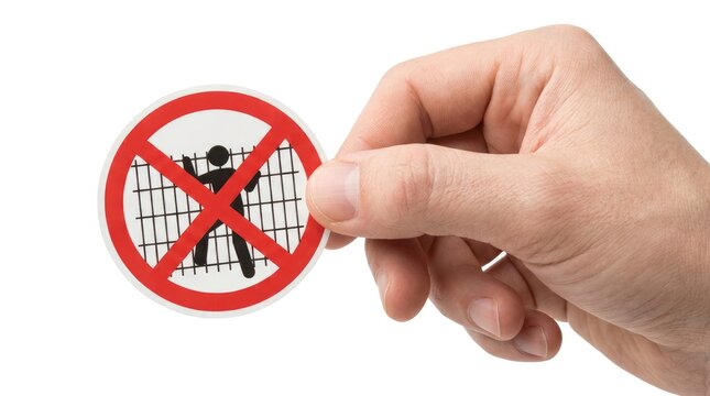 Hand holding a circular no climbing or trespassing sign isolated on white