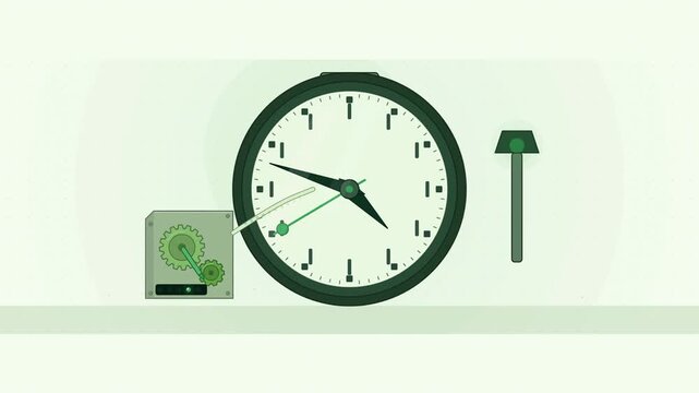 Abstract animated station clock stepping the minute hand drawn as green and teal lines and shapes on a bright, clean light background. Seamless looping 4K motion graphics video with free space for tex