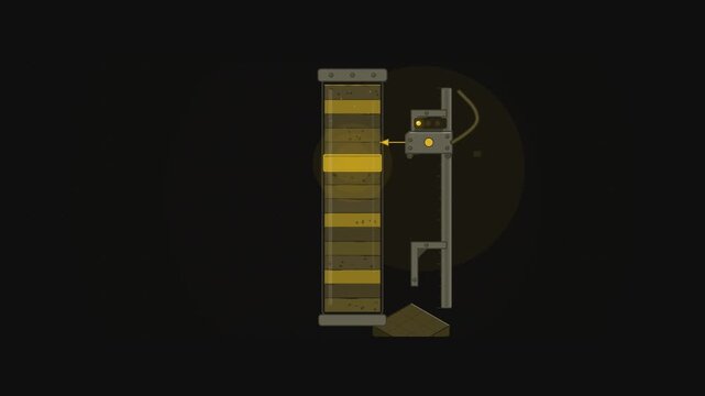 Abstract animated sediment core building up in layers drawn as yellow and gold lines and shapes on a deep dark background. Seamless looping 4K motion graphics video with free space for text, ideal for