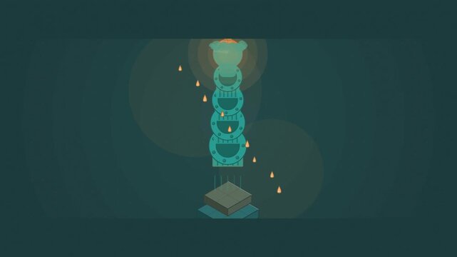 Abstract animated patina creeping over a copper finial drawn as cyan and teal lines and shapes on a deep dark background. Seamless looping 4K motion graphics video with free space for text, ideal for 
