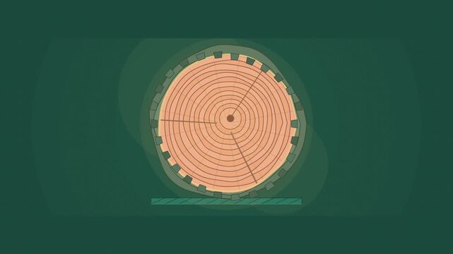 Abstract animated growth rings spreading through a log section drawn as amber and orange lines and shapes on a deep dark background. Seamless looping 4K motion graphics video with free space for text,