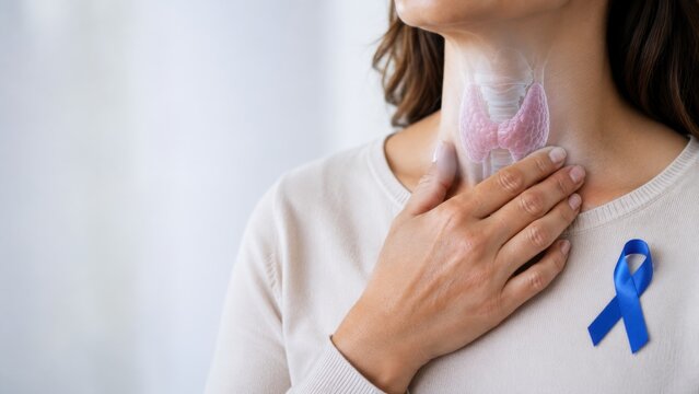 Thyroid Cancer Awareness Month September concept featuring a woman touching her neck with a thyroid gland visualization and blue awareness ribbon. Banner, copy space