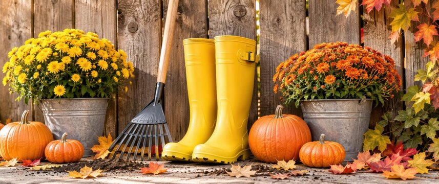 Autumn background with colorful chrysanthemums, pumpkins, yellow rain boots and garden rake against a rustic wooden fence, seasonal fall gardening and harvest concept