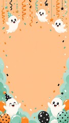 Fototapeta premium Cute Halloween party background with adorable ghosts, colorful balloons, streamer decorations and empty copy space for text.